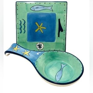 Trivet and Spoon Rest K.I.C. Brushes Hand Painted Ceramic Nautical Sea Life
